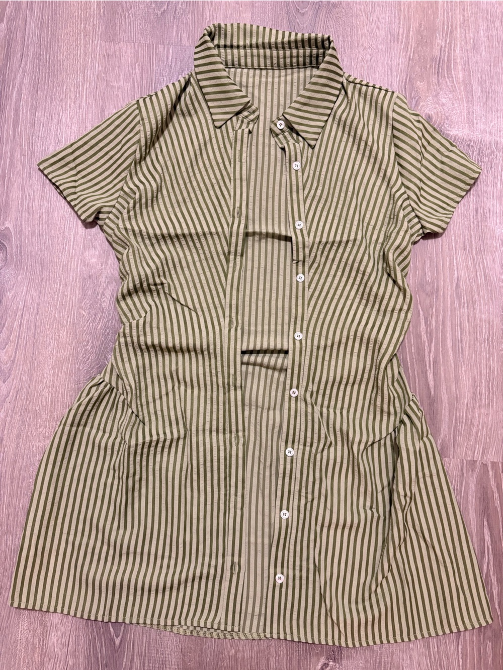 SHEIN Olive Green Striped Short-Sleeve Button-Down Dress